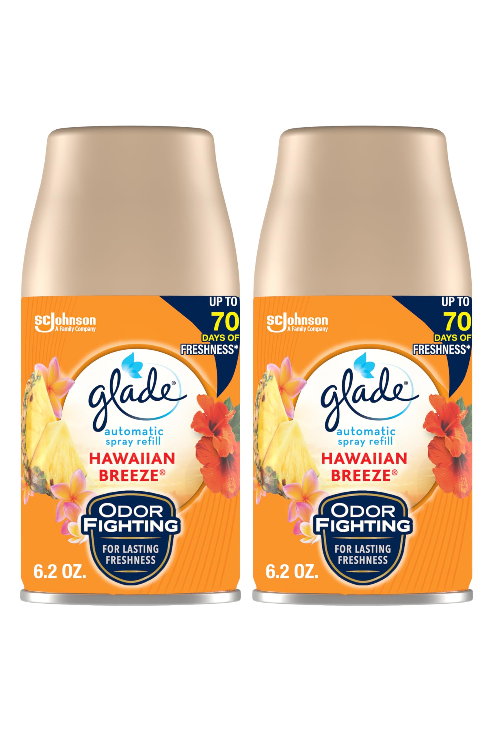 Glade Hawaiian Breeze bottle releases tropical scent to refresh rooms.