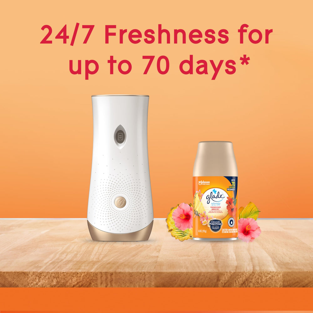Glade Hawaiian Breeze 6.2 oz bottle shown with vibrant label.