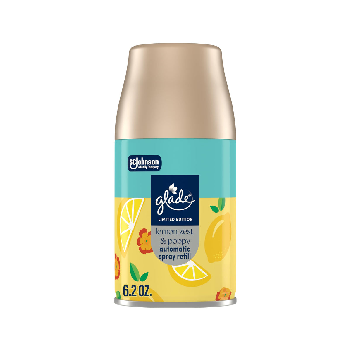 Glade automatic spray refill bottle front with Lemon Zest & Poppy for a fresh room ambience