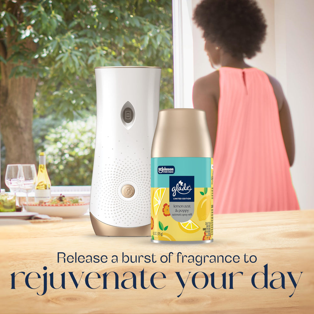 Glade refill pack arrangement in kitchen setting for easy home scent refresh