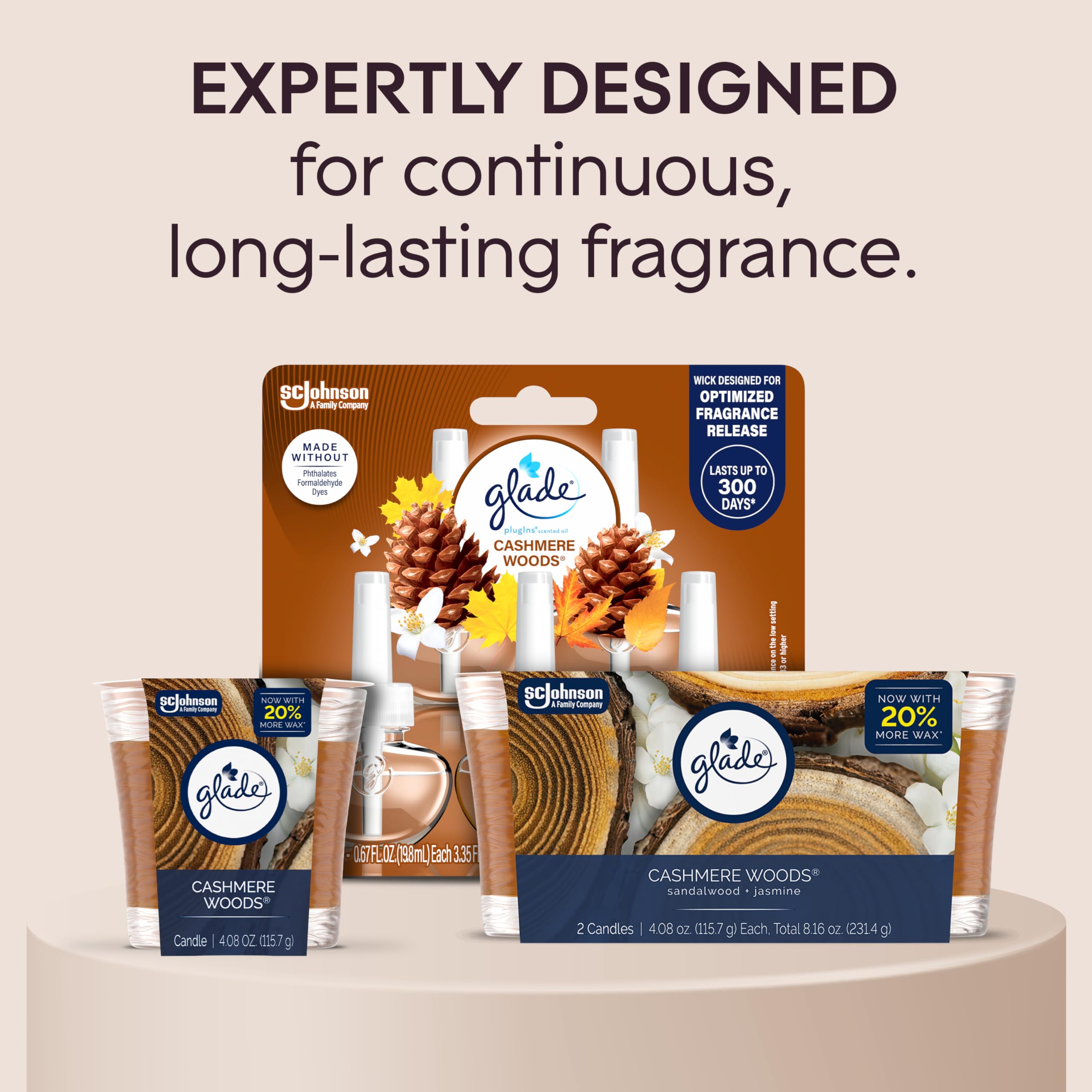 Glade Cashmere Woods candle jar embossed label signaling premium quality