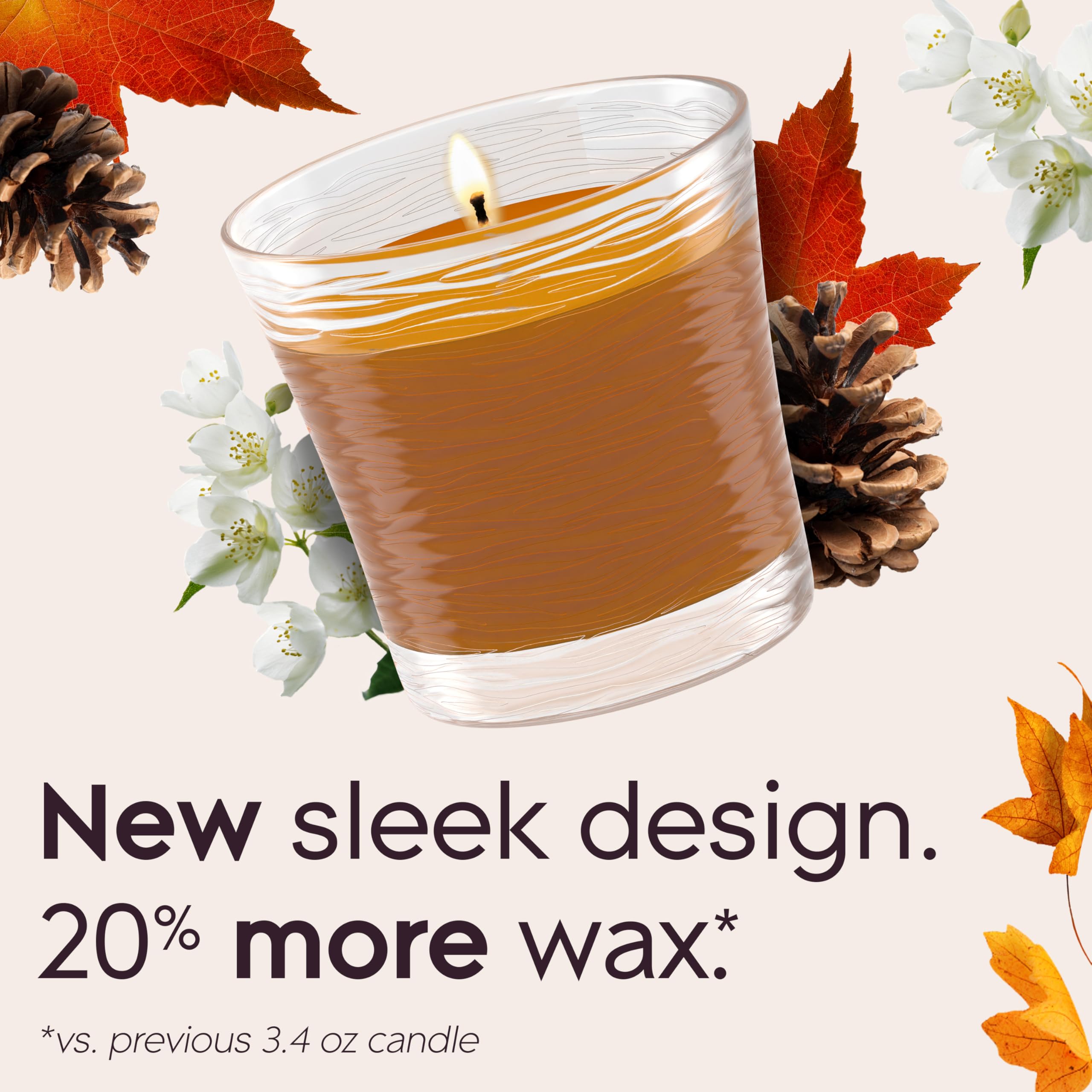 Glade Cashmere Woods candle jar lit emitting cozy glow for evenings