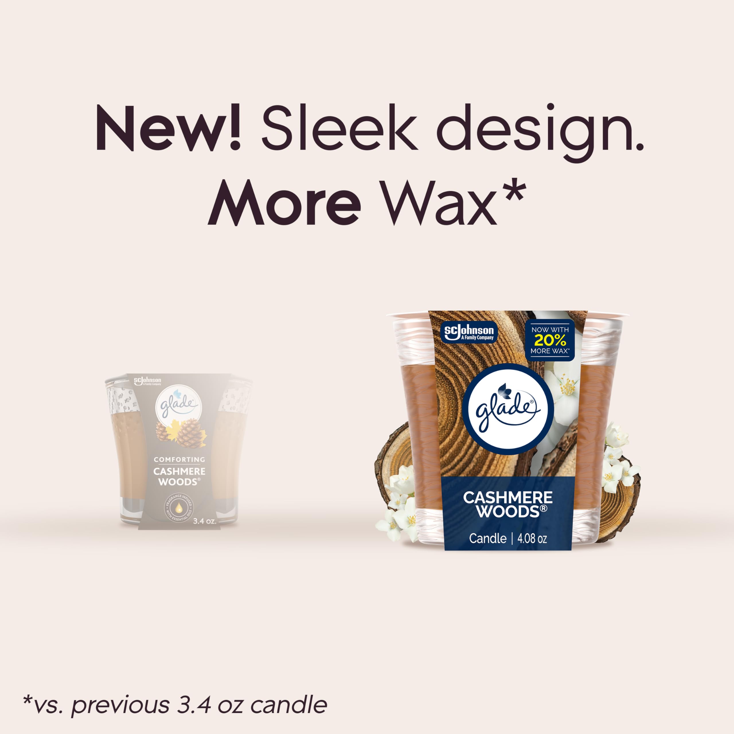 Glade Cashmere Woods candle jar wax pool indicating long-lasting fragrance