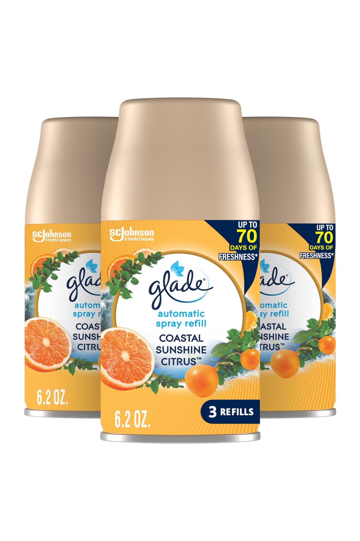 Glade Coastal Sunshine Citrus bottle promotes fresh citrus mood for living spaces.