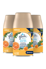 Glade Coastal Sunshine Citrus bottle promotes fresh citrus mood for living spaces.