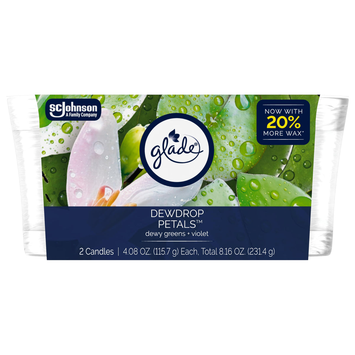 Glade Dew Drop Petals candle jar front view with fragrant glow