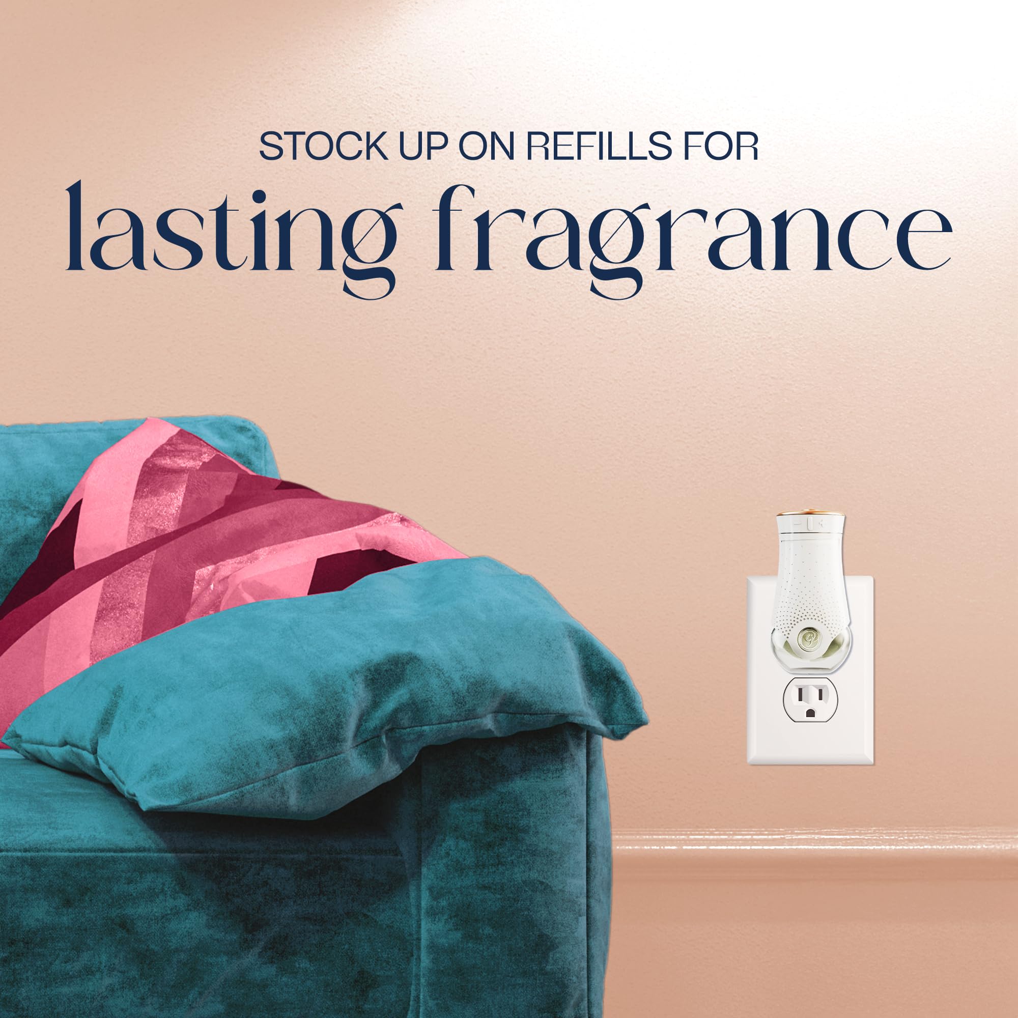 Glade PlugIns scent covers spaces up to 550 sq ft with Juicy Peach & Elderflower