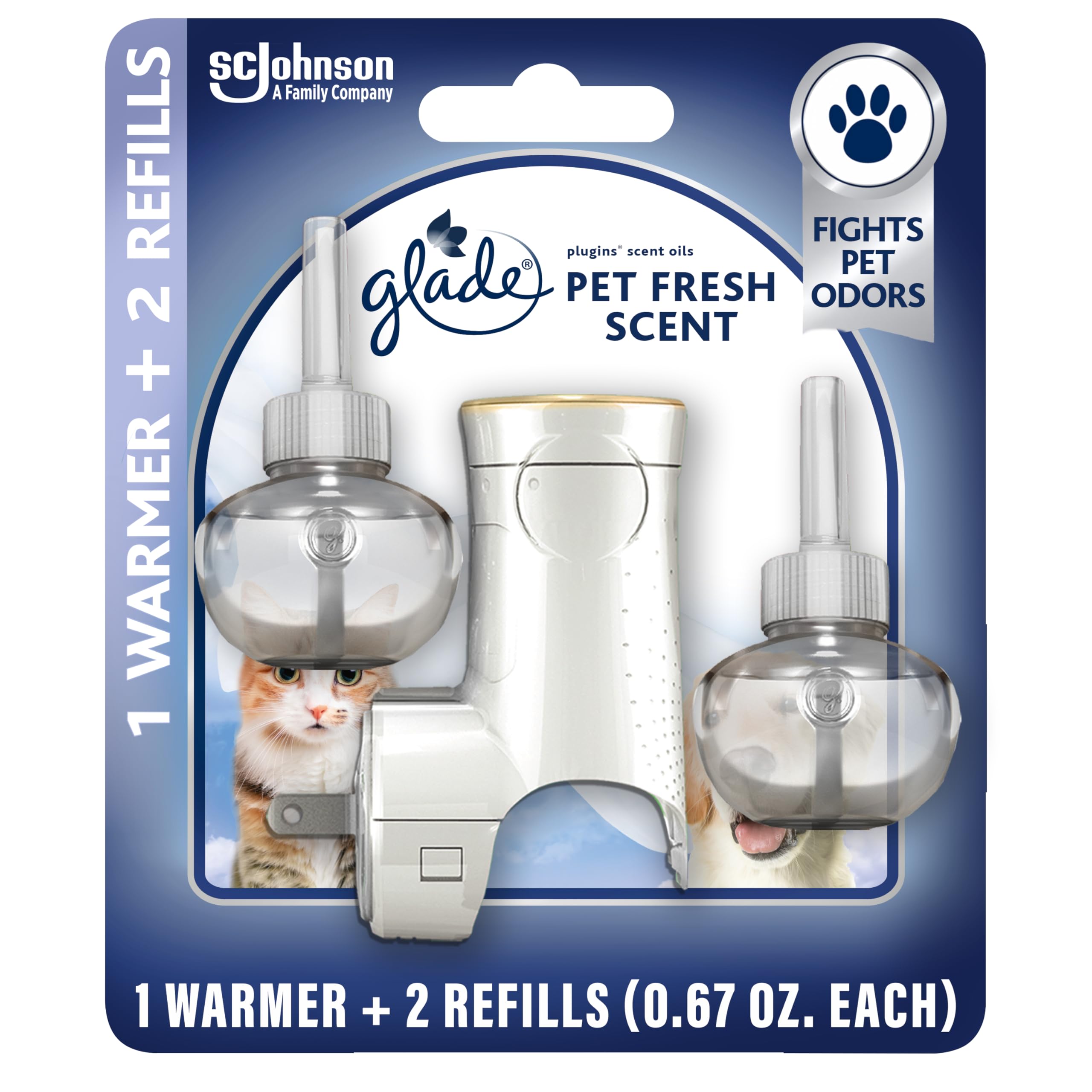 Glade Pet Fresh PlugIns starter kit displayed, ready to refresh rooms with pet-friendly fragrance.