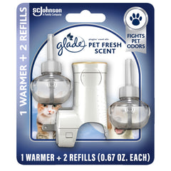 Glade Pet Fresh PlugIns starter kit displayed, ready to refresh rooms with pet-friendly fragrance.
