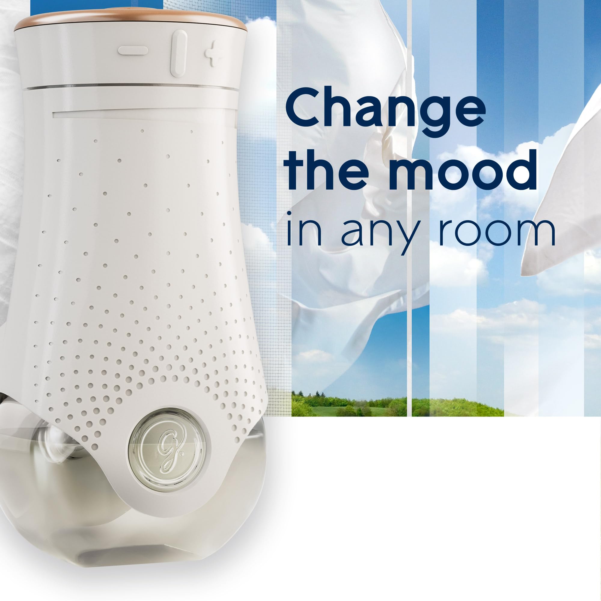 Glade PlugIns Clean Linen refill bottle illustrating scent diffusion.