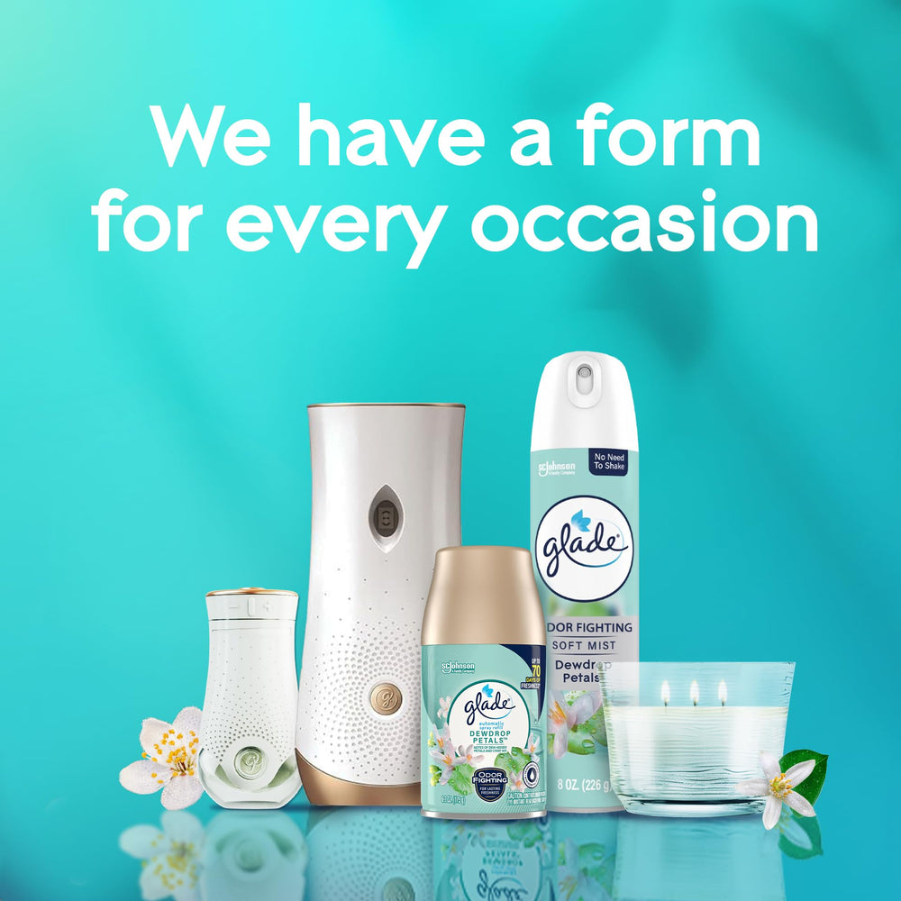 Glade PlugIns Dewdrop Petals two-pack on shelf for easy replacement