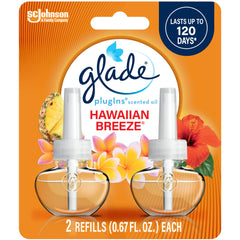 Glade PlugIns Hawaiian Breeze diffuser plugged in, providing continuous freshness in a cozy living room.