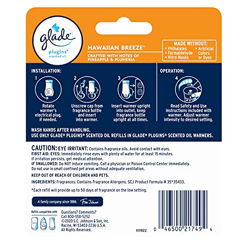 Two-pack refill bottle for Glade PlugIns Hawaiian Breeze.