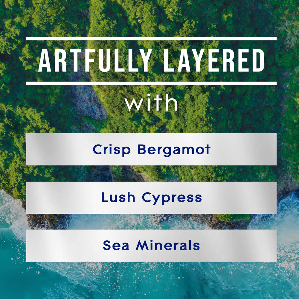 Closeup of Sea Mist & Cypress label on a refill bottle.