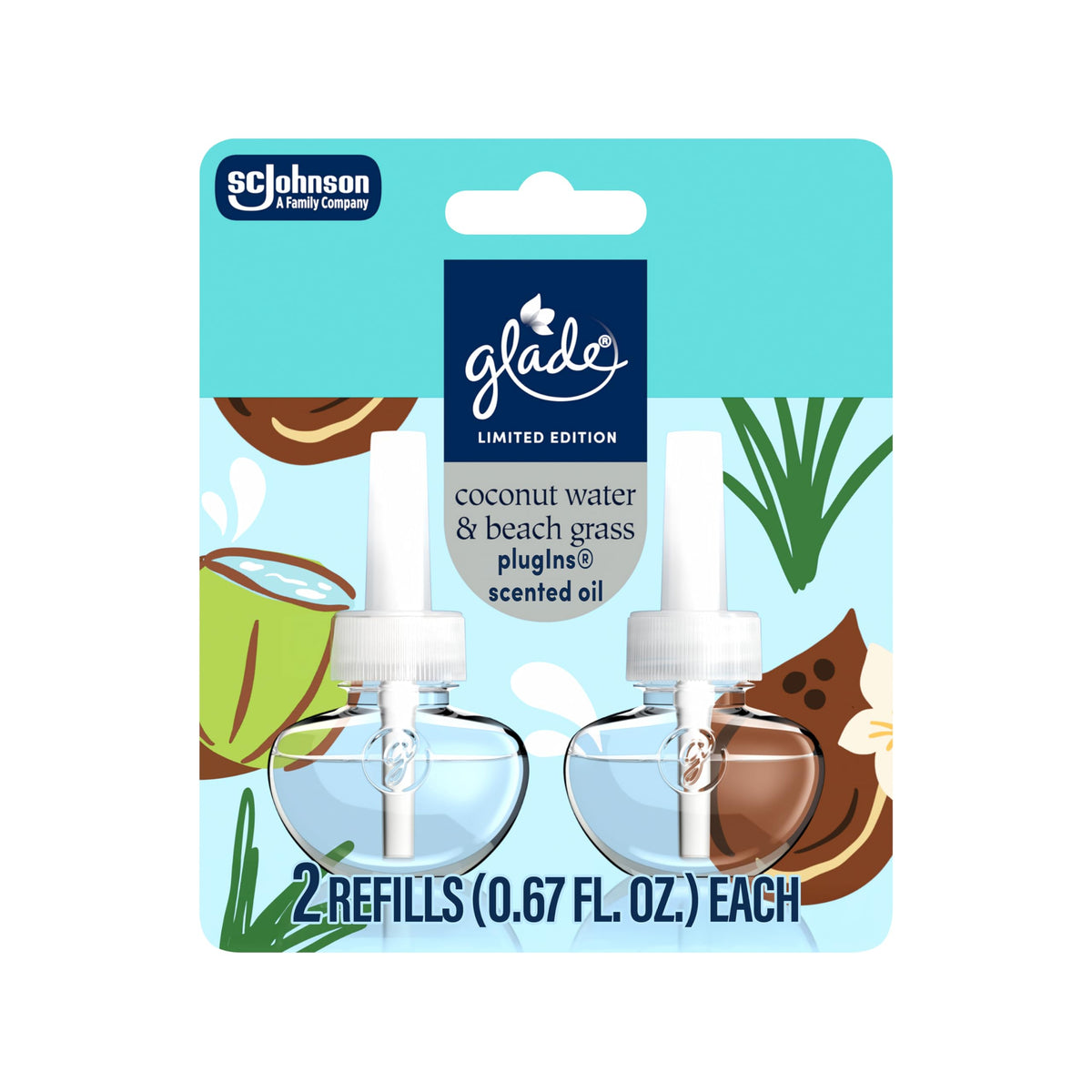 Glade PlugIns Coconut Water & Beach Grass packaging refreshes spaces up to 550 sq ft.