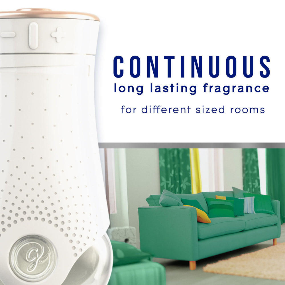 Glade PlugIns refill bottle beside a bathroom diffuser to freshen small spaces