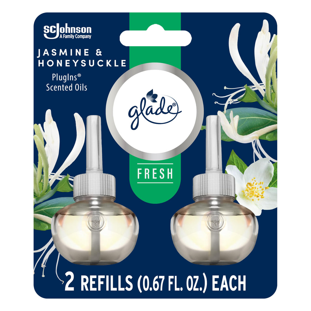 Glade PlugIns Jasmine and Honeysuckle packaging front showing long-lasting fragrance option