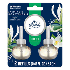 Glade PlugIns Jasmine and Honeysuckle packaging front showing long-lasting fragrance option