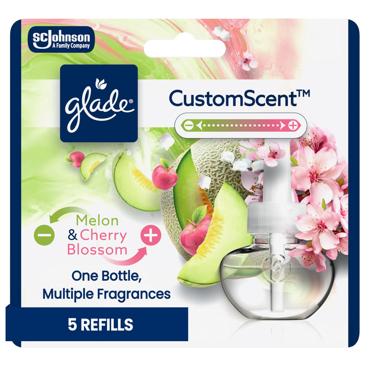 Glade PlugIns Melon & Cherry Blossom refill bottle for customizable scent balance.