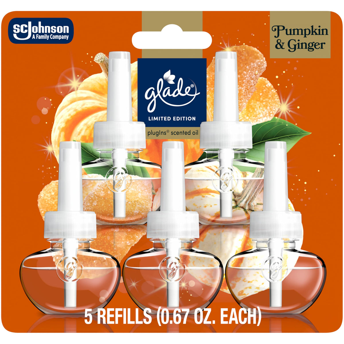 Glade PlugIns Pumpkin Ginger refills 5-count for long-lasting home fragrance.