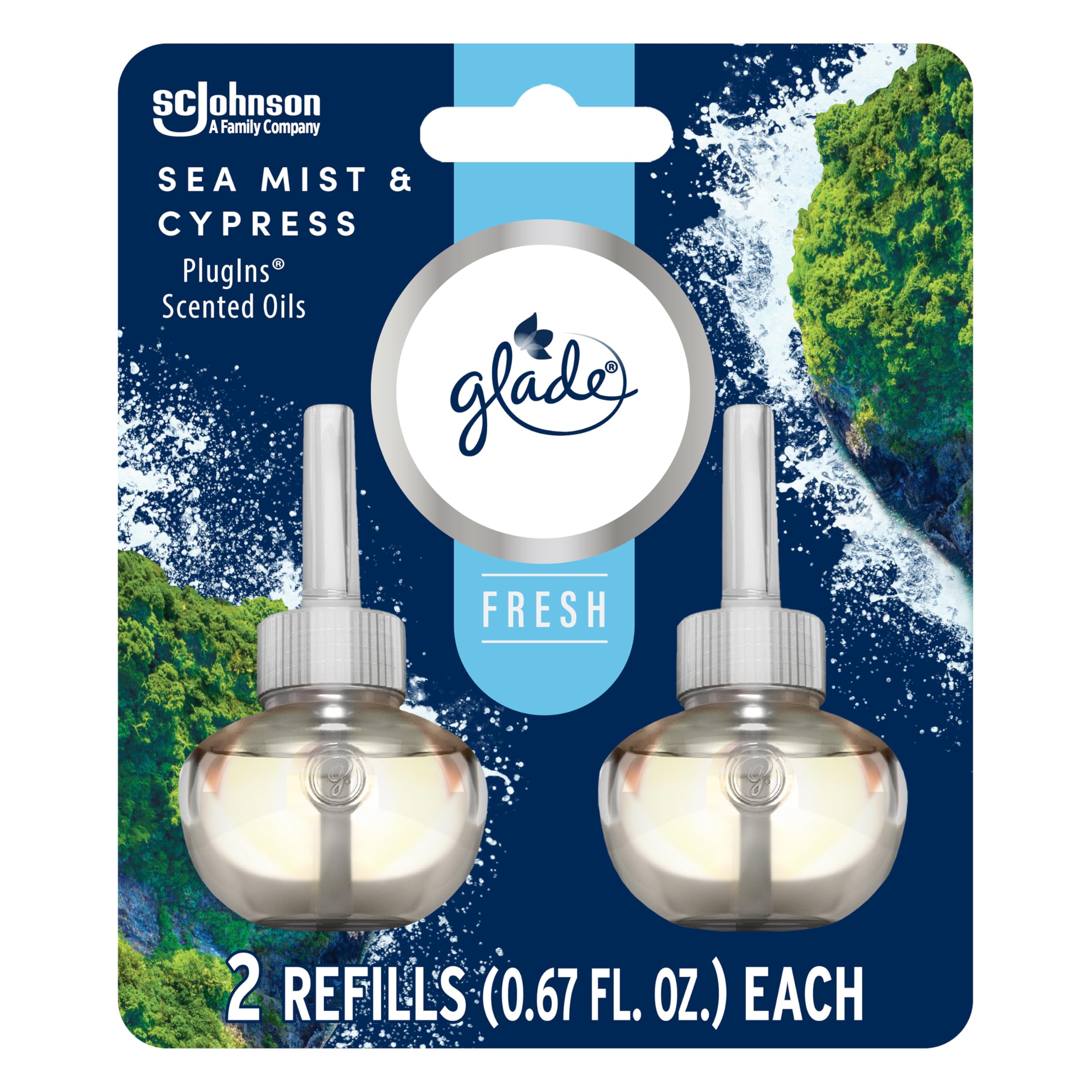 Glade PlugIns Sea Mist & Cypress packaging with two refills ready for easy replacement.