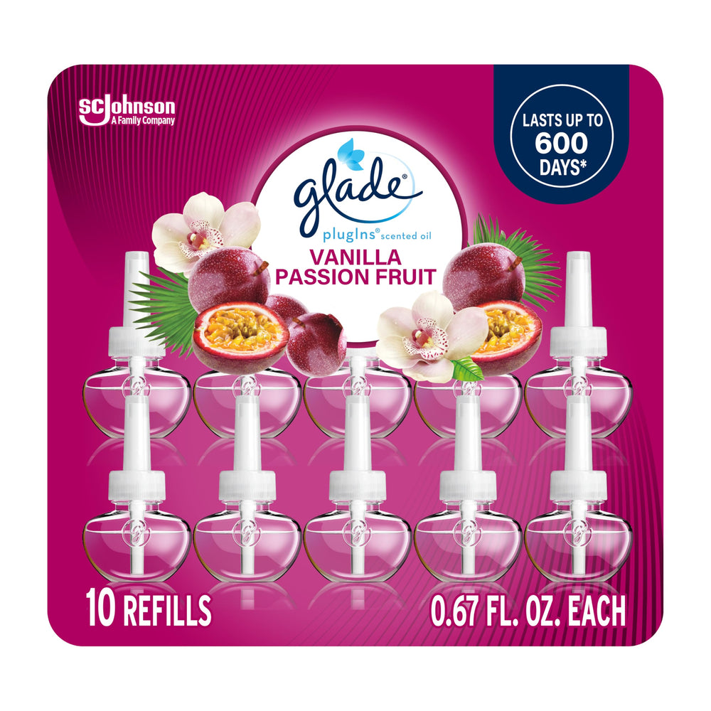 Glade PlugIns Vanilla Passion Fruit refill pack enhances rooms with lasting fragrance.