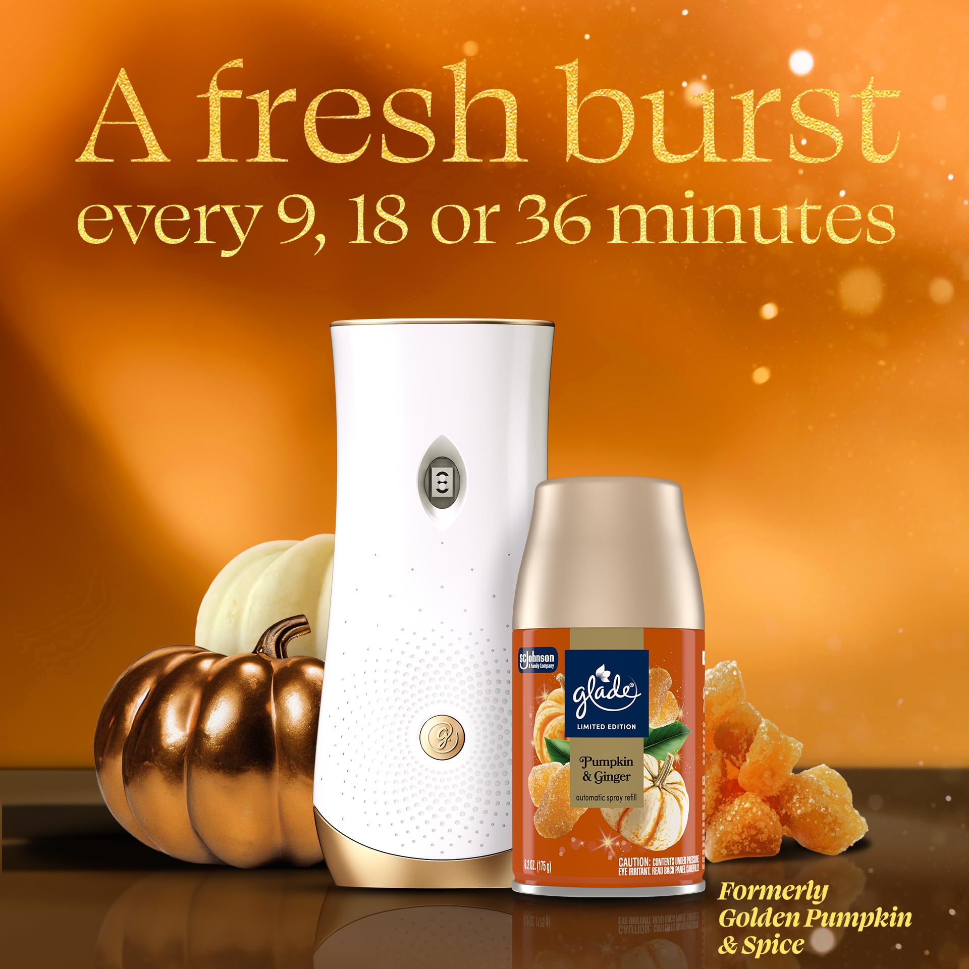 Glade Pumpkin Ginger fragrance notes pumpkin vanilla caramel evoke warm atmosphere.