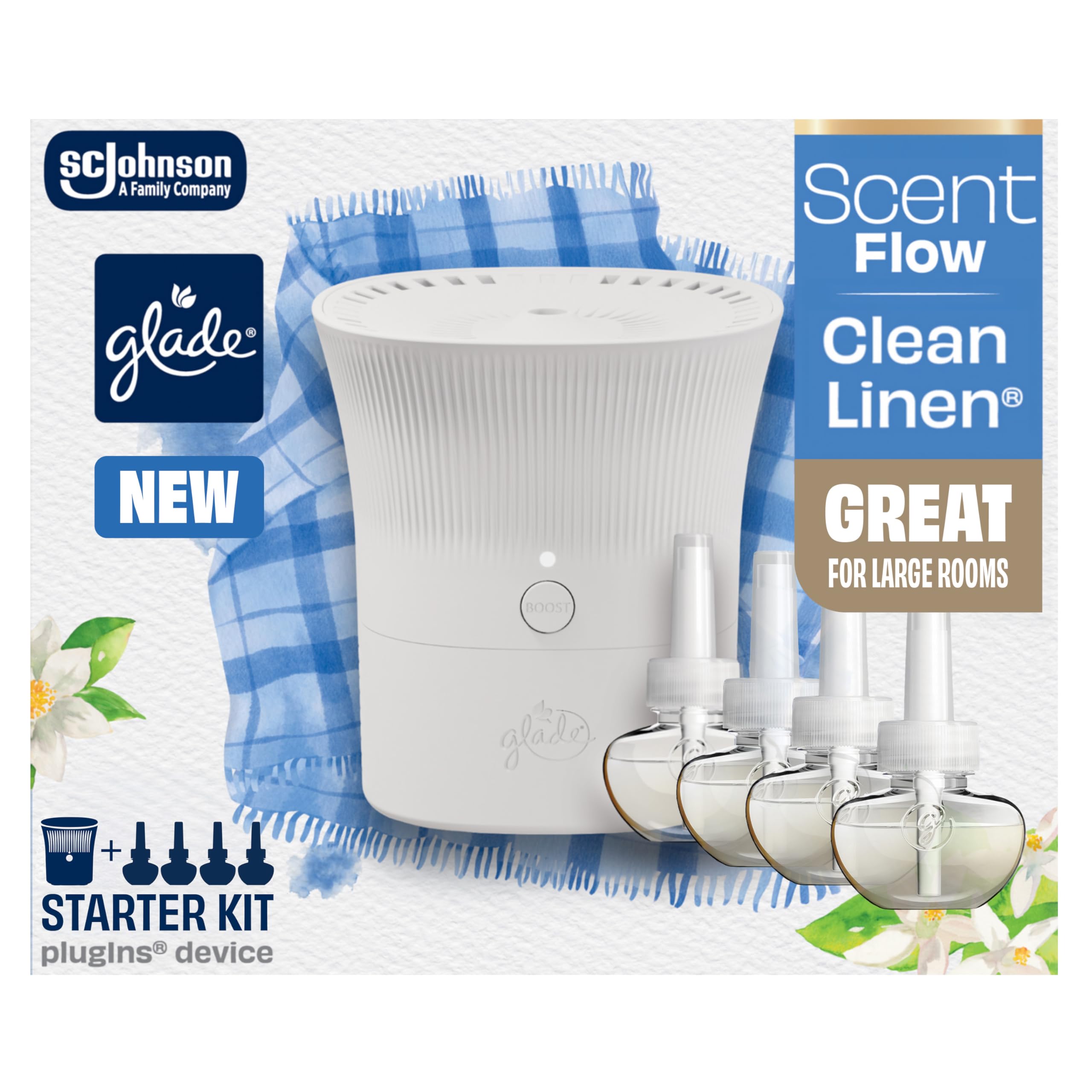 Glade Scent Flow PlugIns front view for steady fragrance in open living areas.