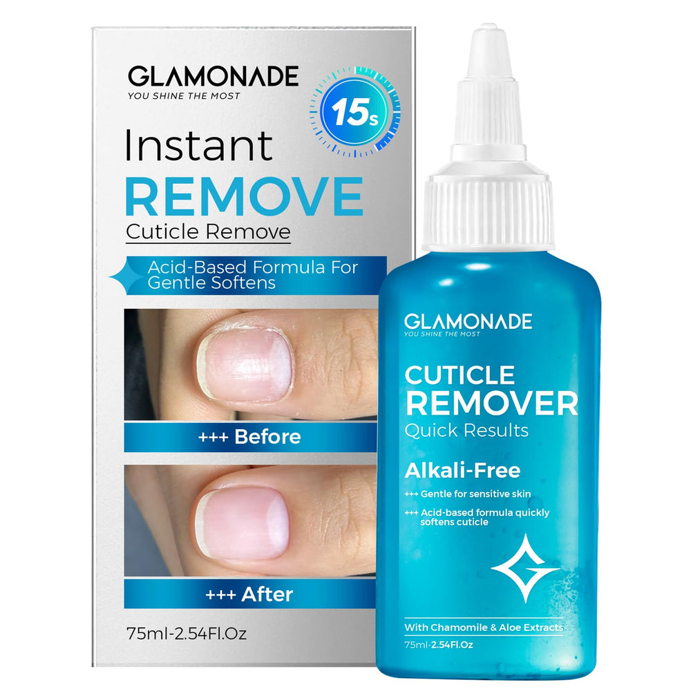 Glamonade Instant Cuticle Remover Gel bottle close-up, fast-acting softening of thick cuticles