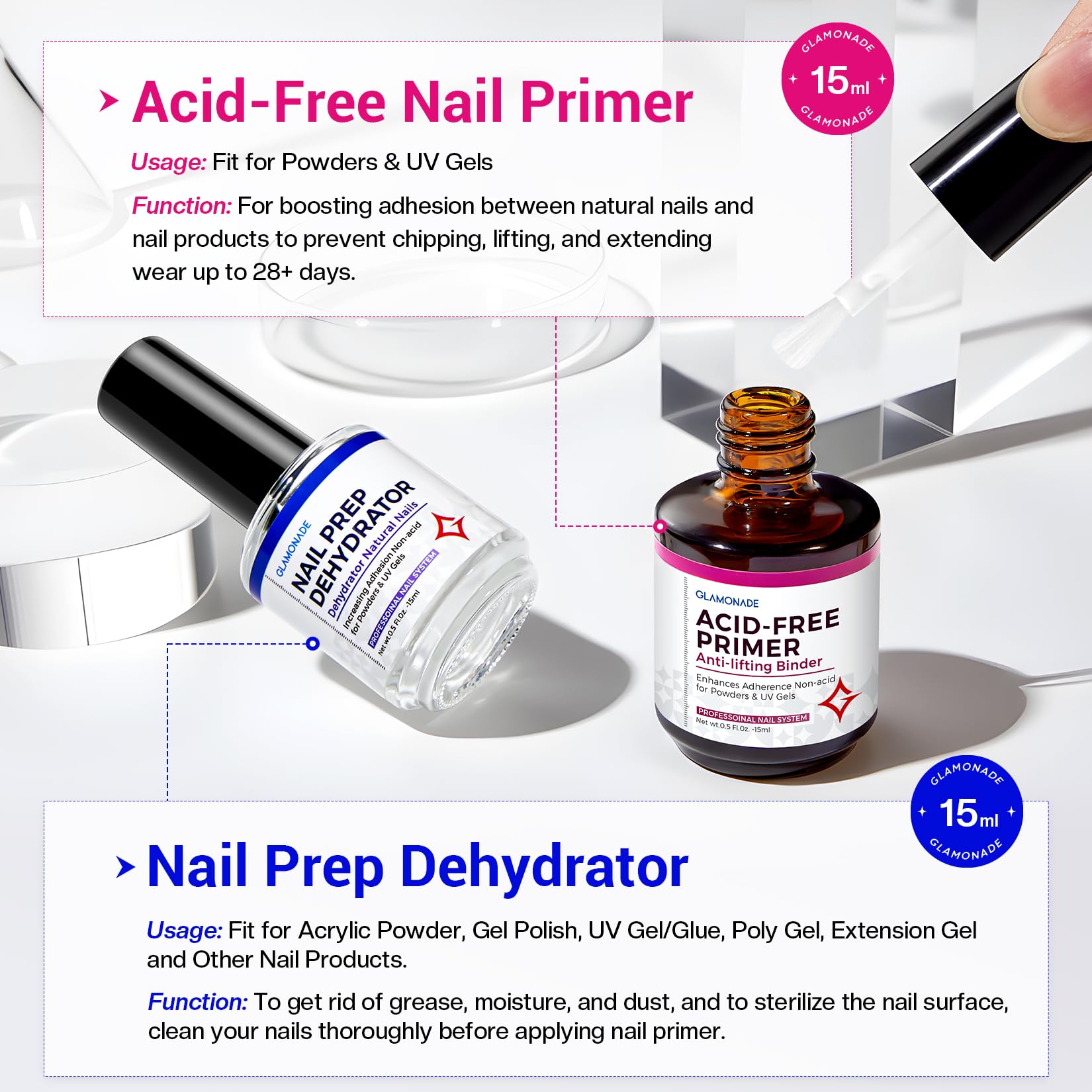 Glamonade Nail Primer acid-free application shows secure bond without harsh fumes.