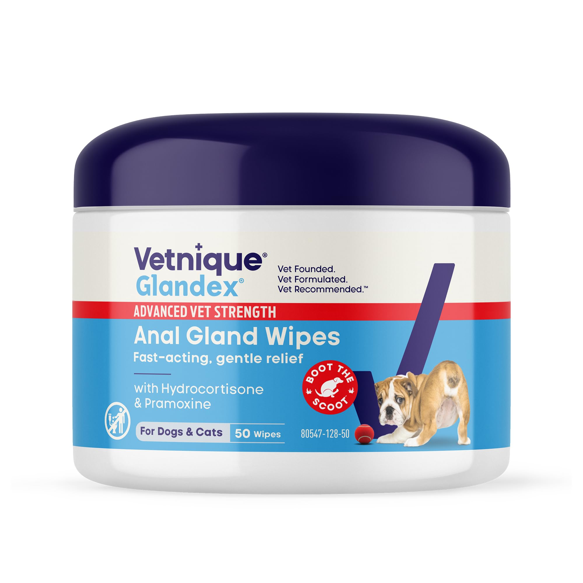 Vetnique Glandex medicated dog wipes on soft cotton pad for anal gland irritation relief.