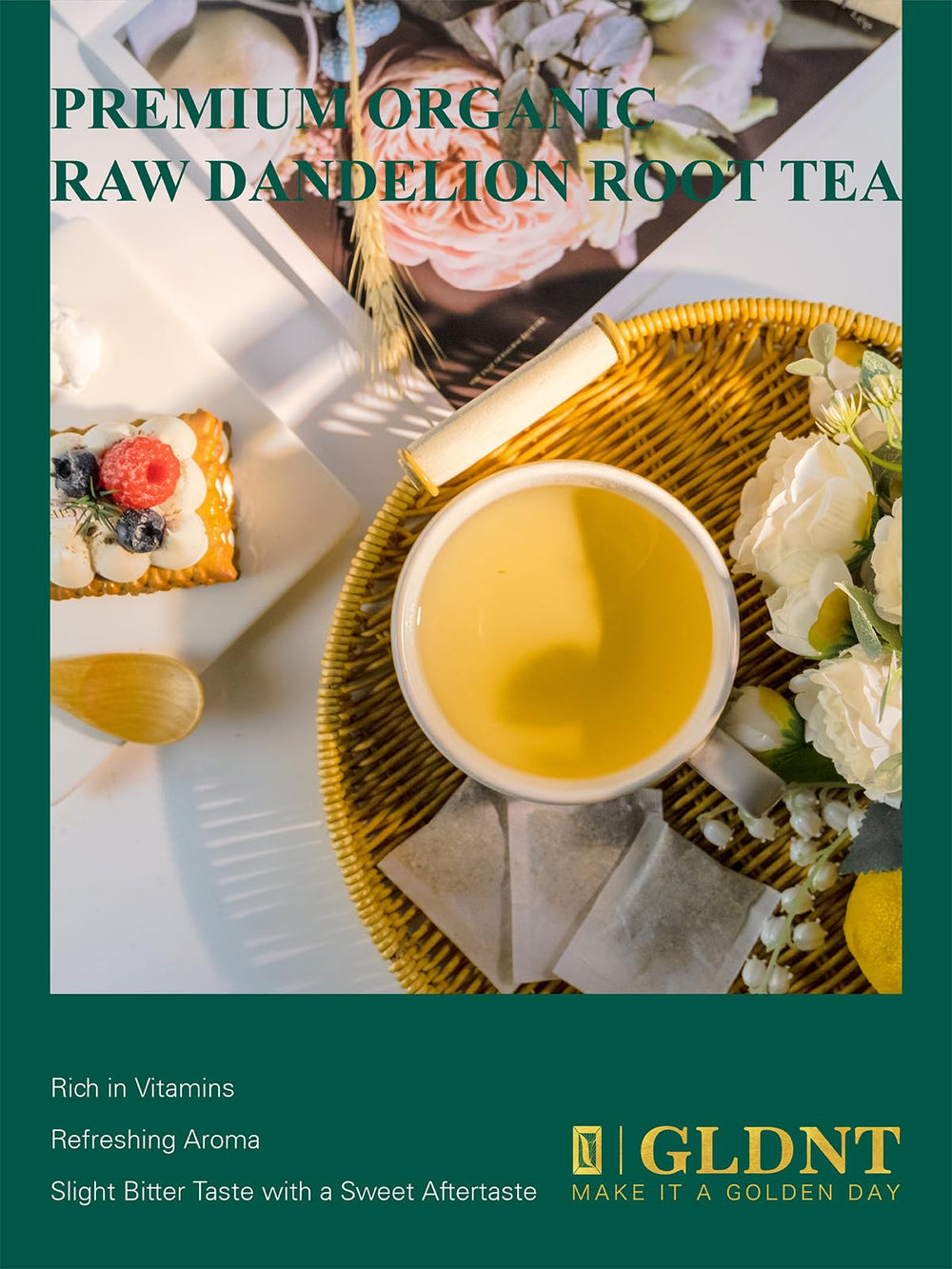 GLDNT organic dandelion tea bag displays gluten-free and sugar-free benefits