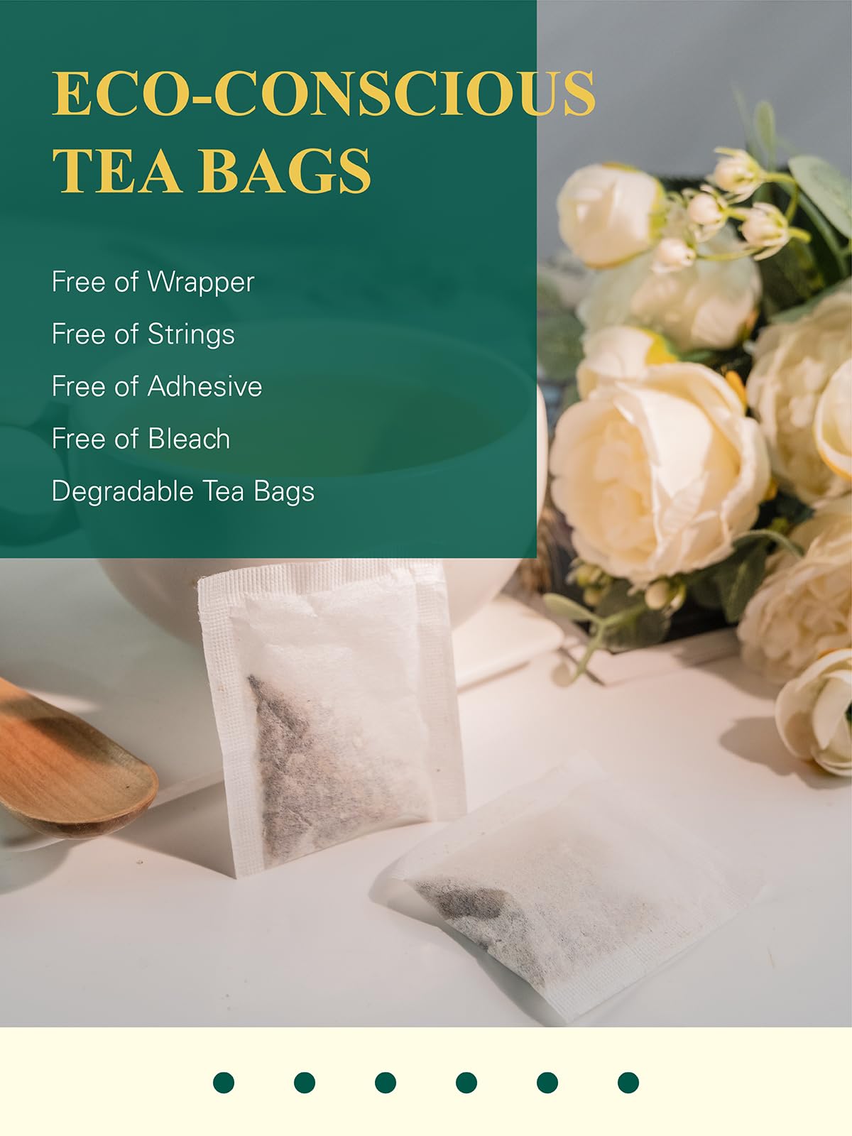GLDNT non-GMO plant fiber tea bags without strings or tags for minimal waste