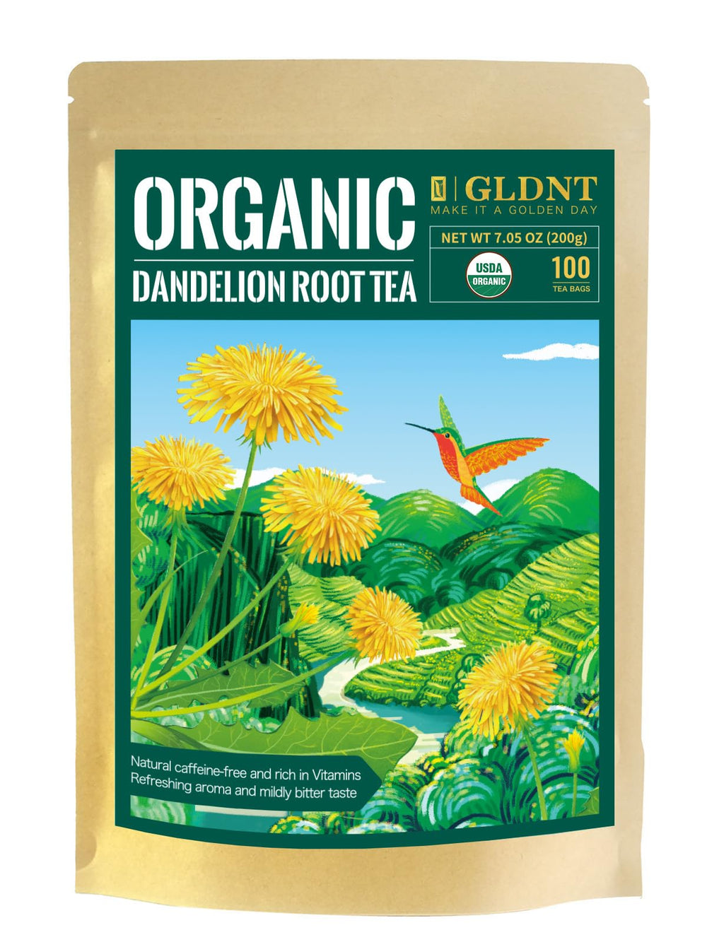 GLDNT organic dandelion tea bags in foil-lined packaging for freshness