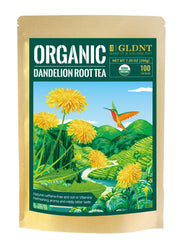 GLDNT organic dandelion tea bags in foil-lined packaging for freshness