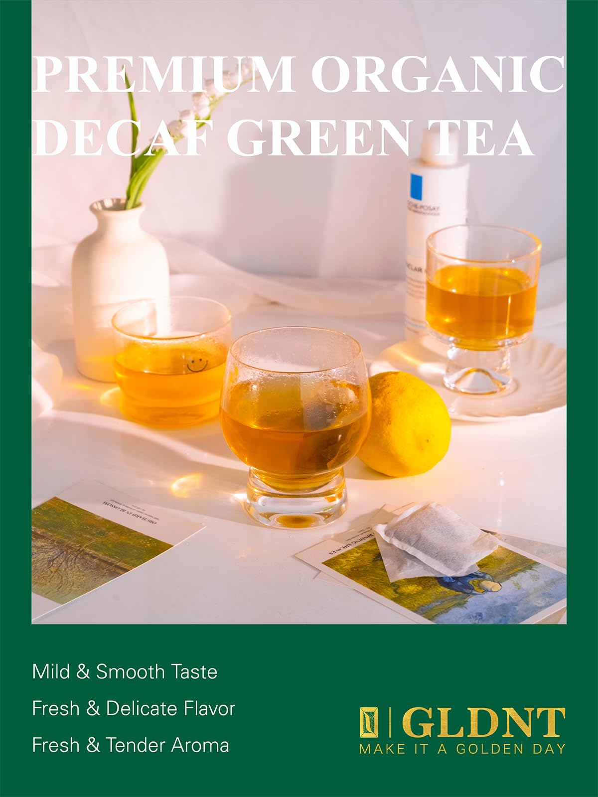 GLDNT Organic Decaf Green Tea Bags packaging emphasizes compostable materials.