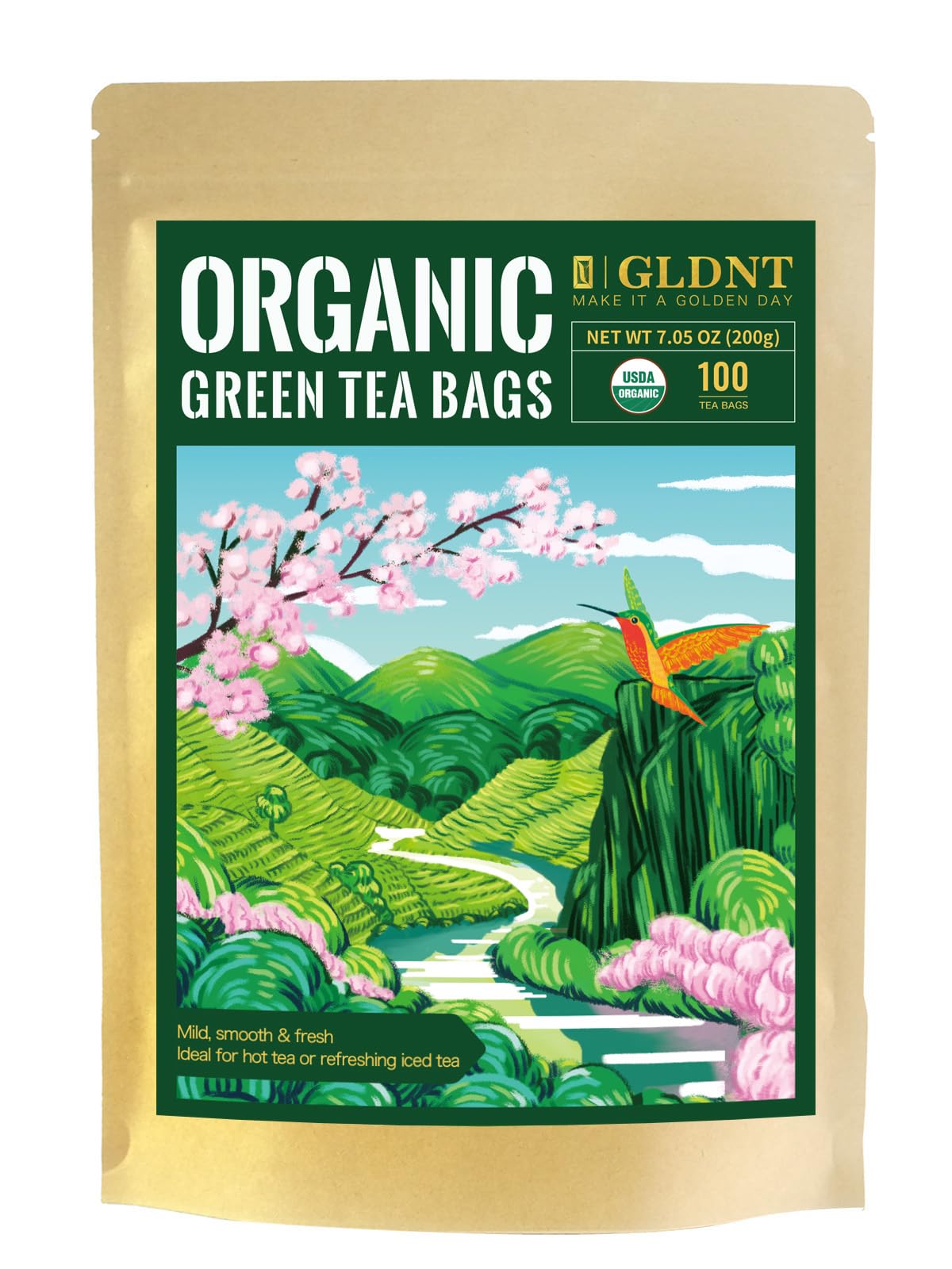 GLDNT Organic Green Tea Bags pack shot showing fresh packaging for daily use
