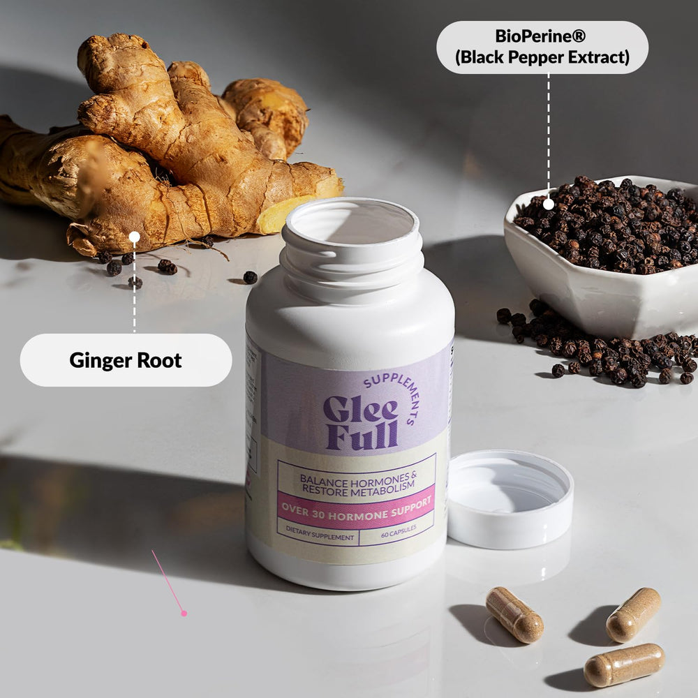 GLEEFULL SUPPS GleeFull ingredients highlight maca and ginger herbs.