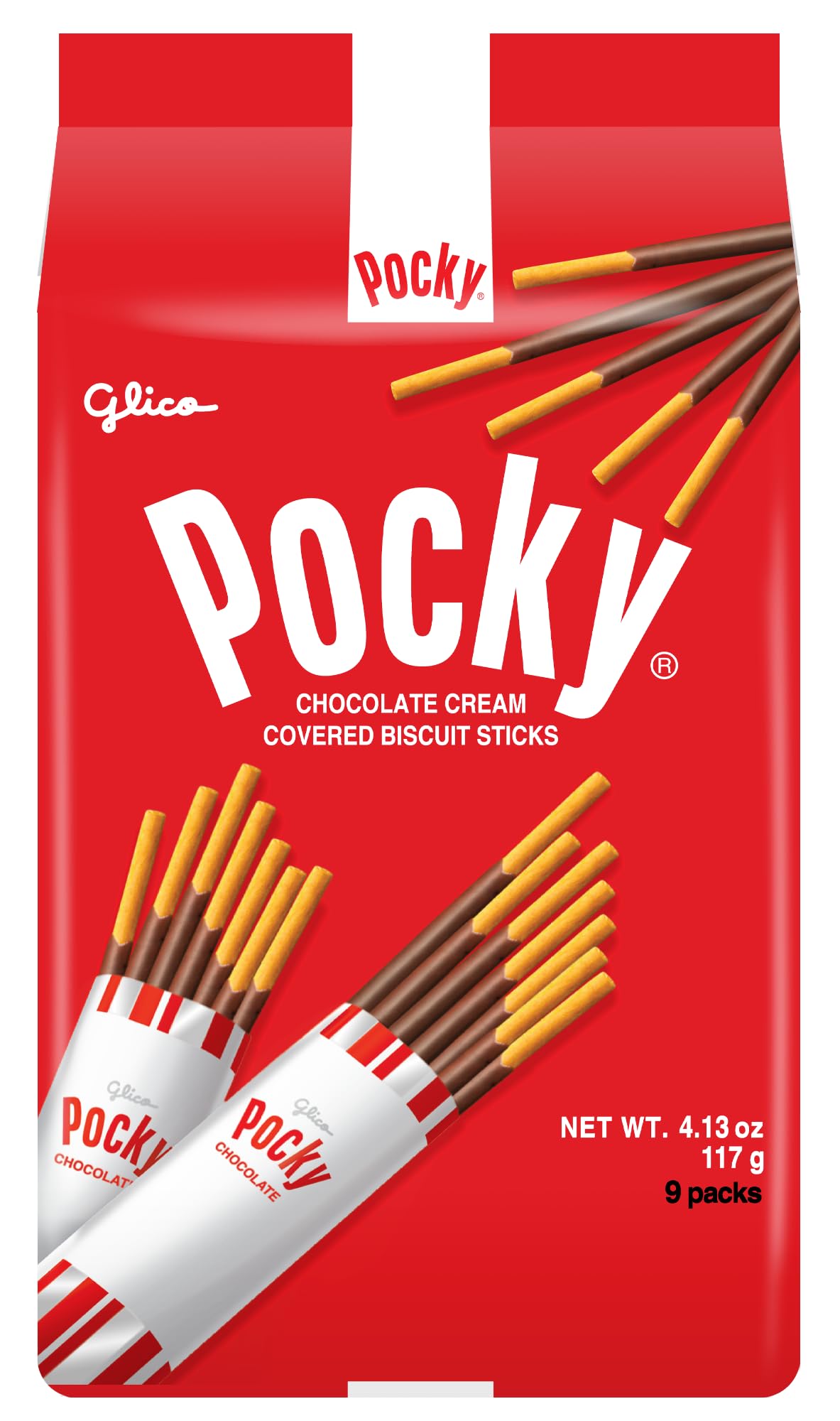 Glico Pocky chocolate cream box front showing nine individually wrapped bags for easy sharing.