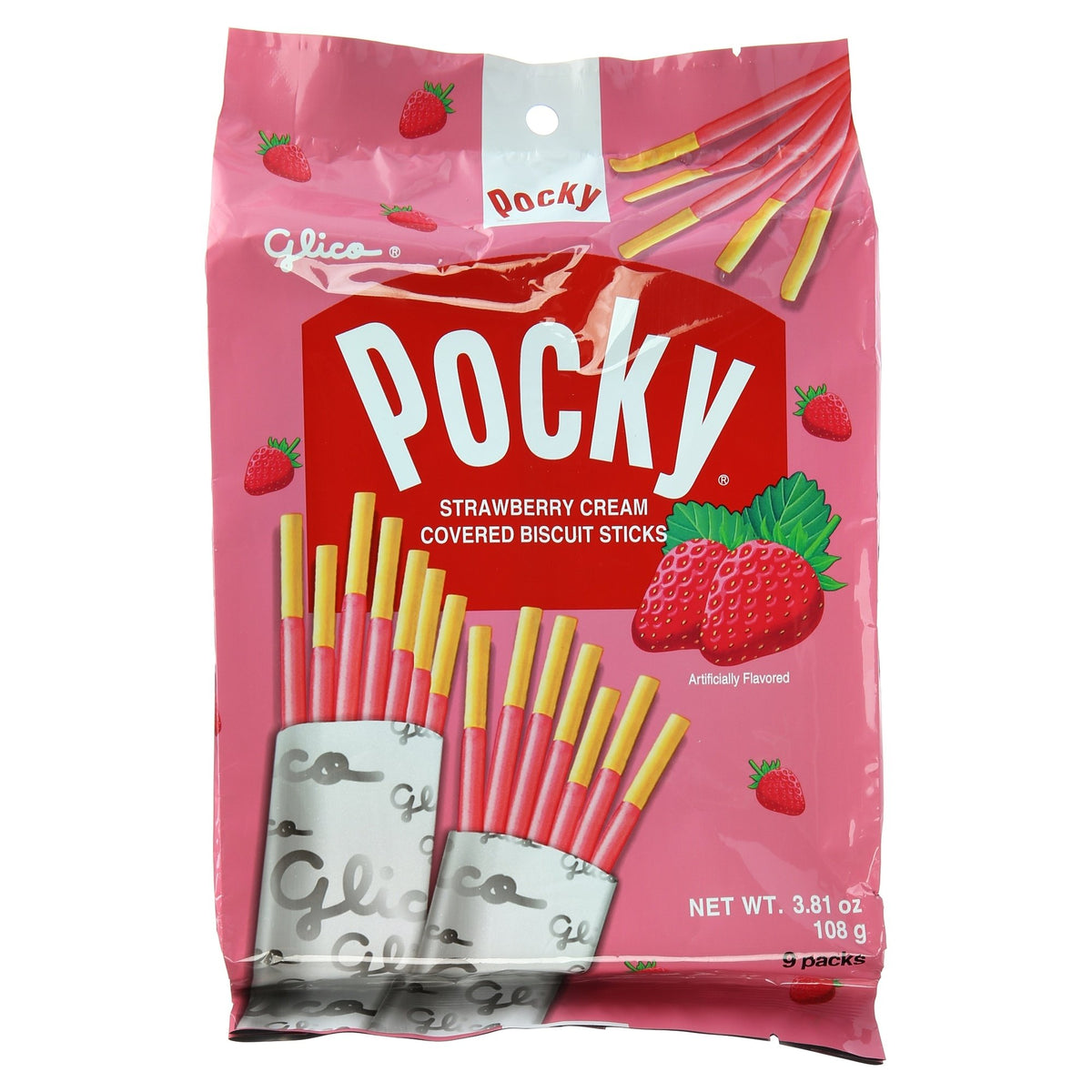 Glico Pocky strawberry cream biscuits in a 9-bag box, convenient sharing snack.