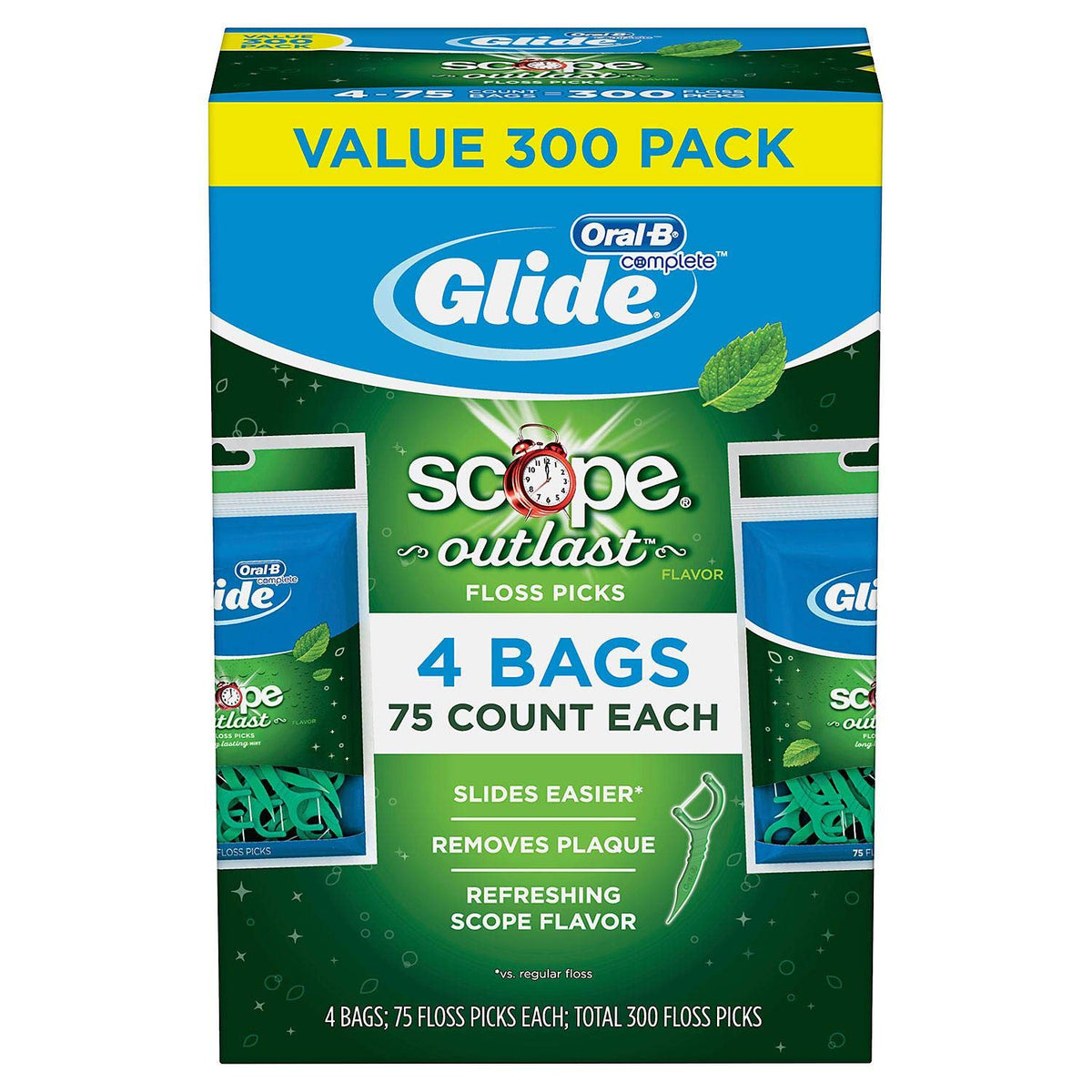 GLIDE Oral-B floss picks Plusx Outlast 40mm shown with mint flavor and long-lasting freshness.