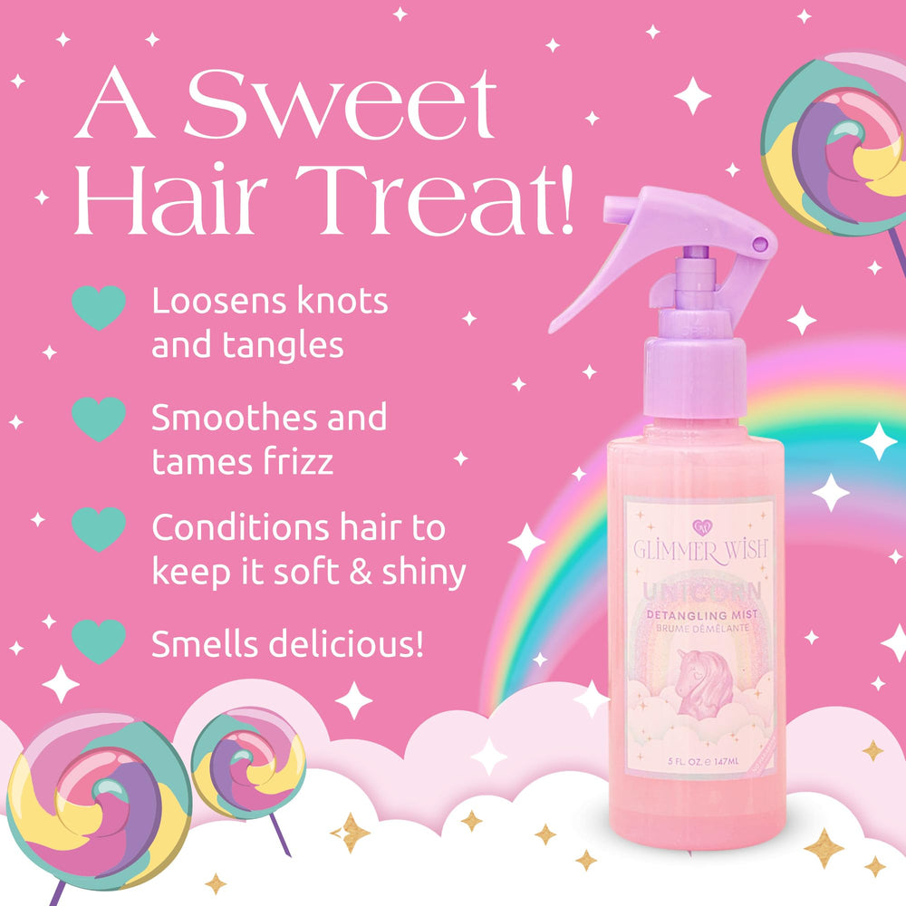 Glimmer Wish detangler used by mom and child during morning routine.