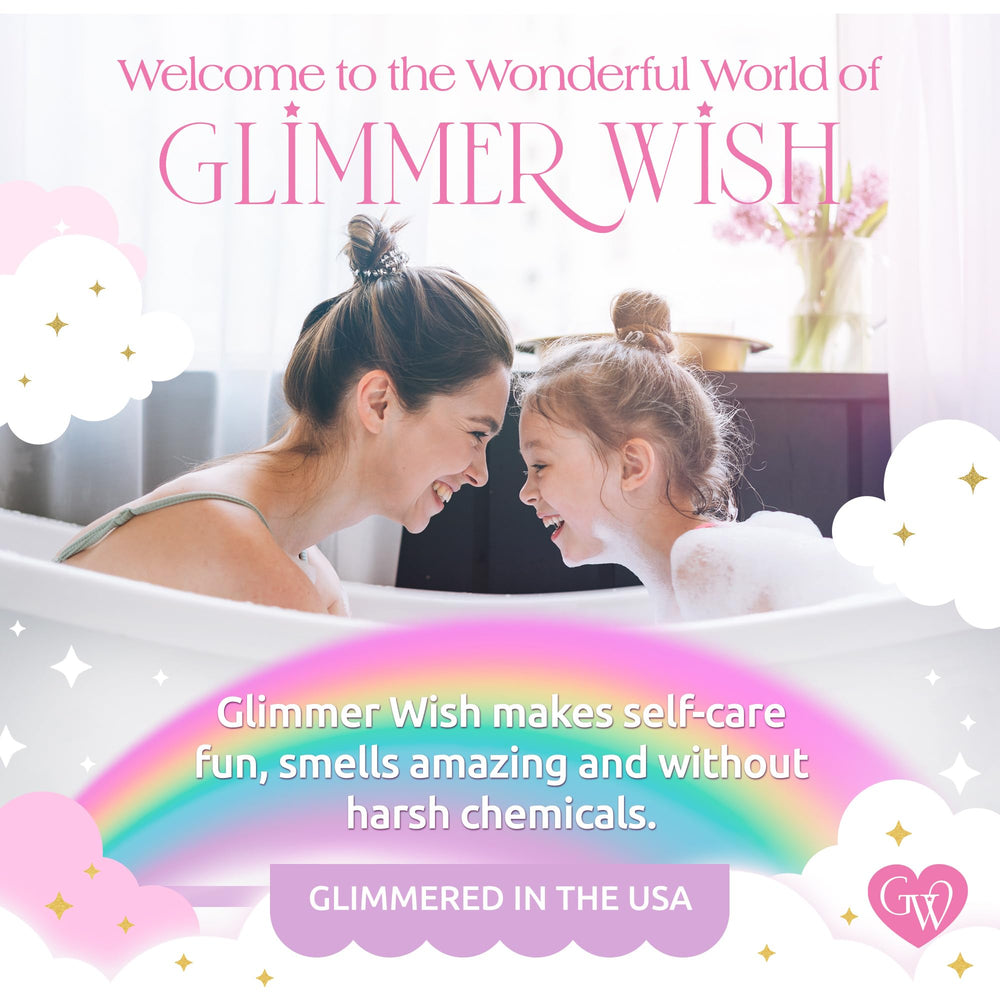 Glimmer Wish toxin-free, cruelty-free label on hair care packaging.