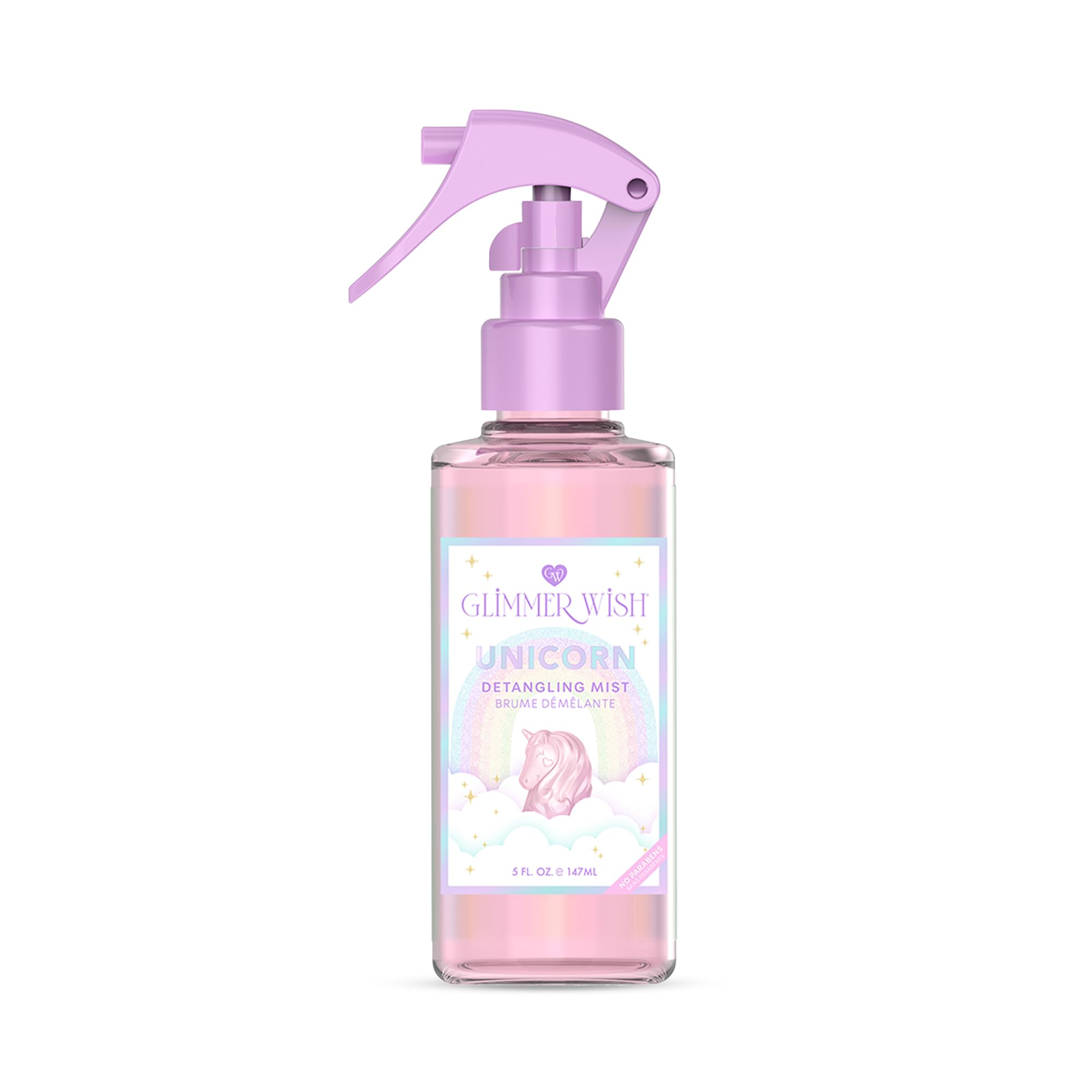 Glimmer Wish Unicorn Hair Detangler Spray bottle ready for on-the-go detangling.