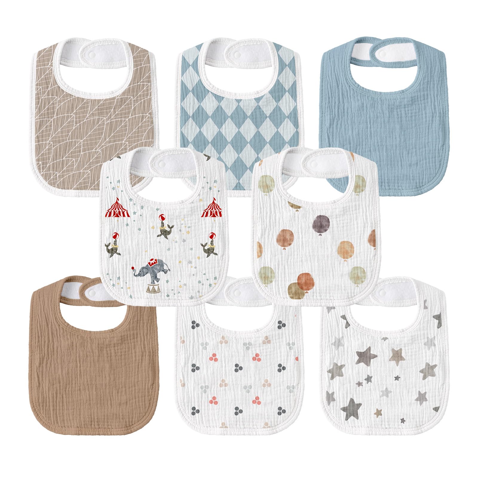 GLLQUEN BABY Circus bibs packaging image, showcasing eight-pack drool protection