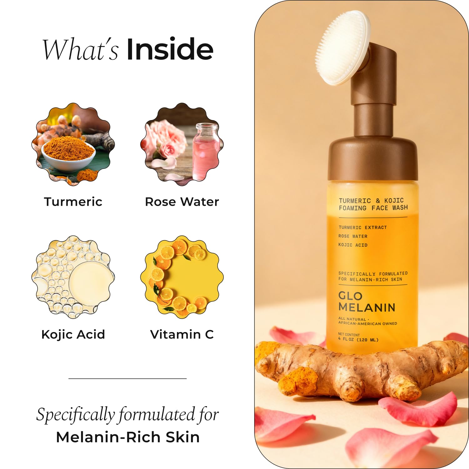 Glo Melanin kojic acid helping target uneven tone during daily cleansing.