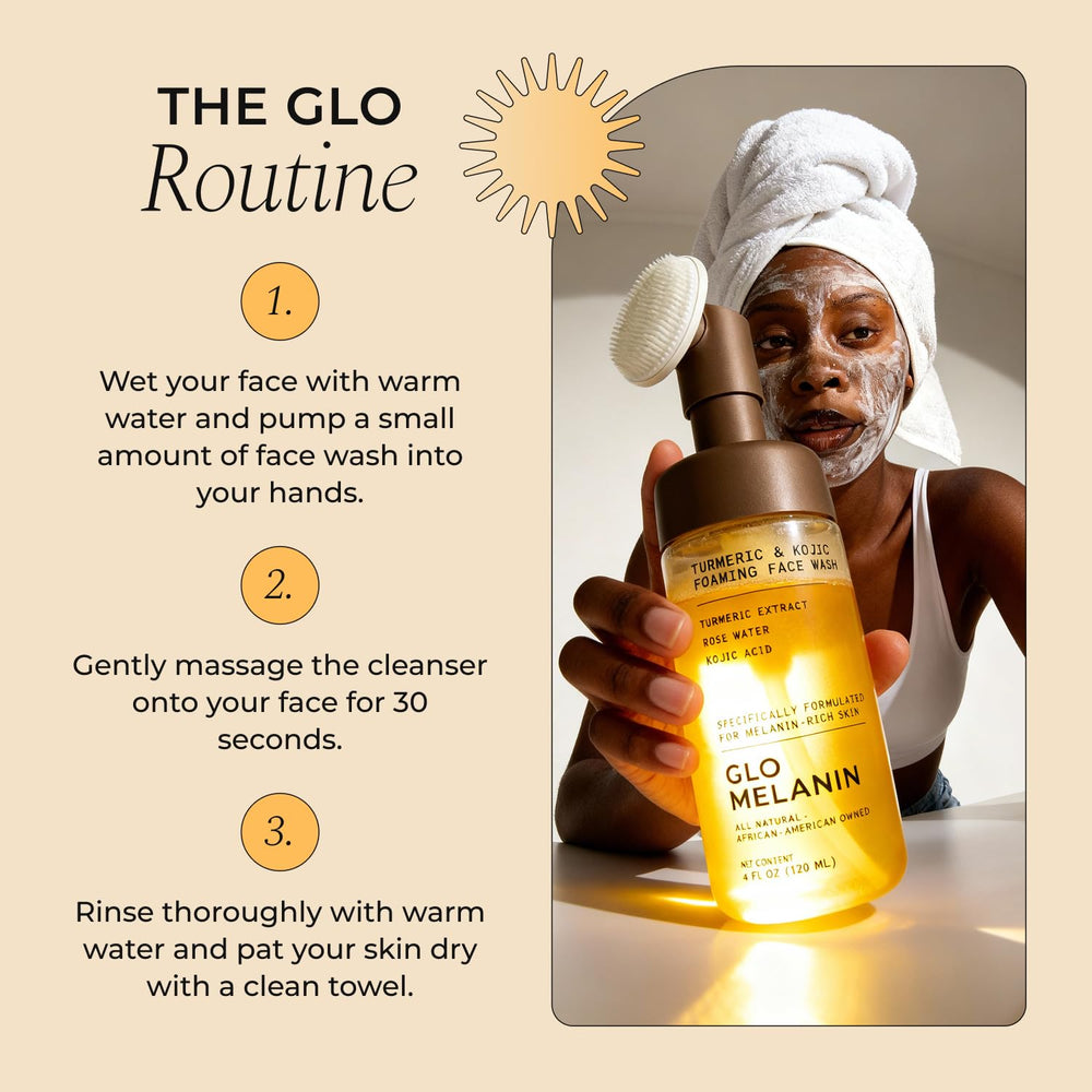 Glo Melanin foaming wash designed for use on face, lips, neck, and body.