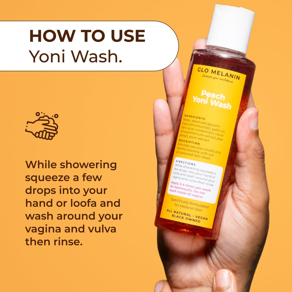 Glo Melanin Peach Yoni Wash bathroom scene suggests daily routine.
