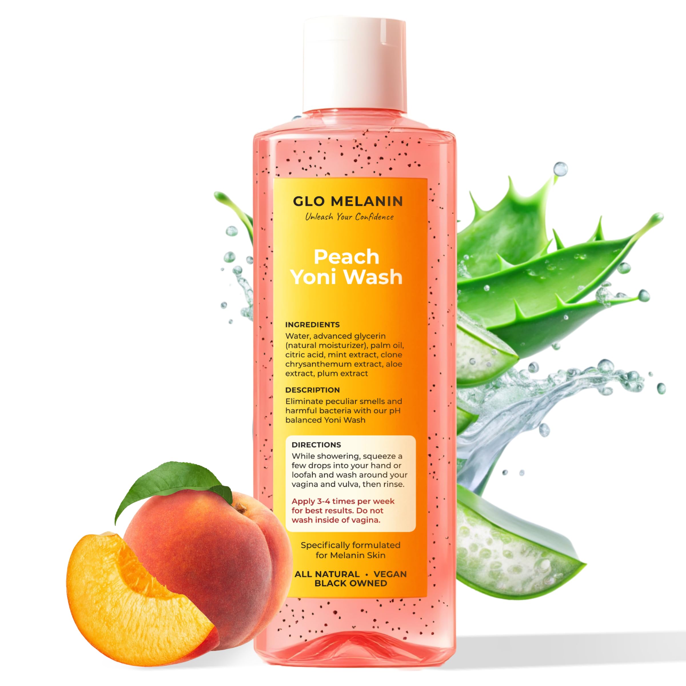 Glo Melanin Peach Yoni Wash bottle closeup highlighting natural formula for daily freshness.