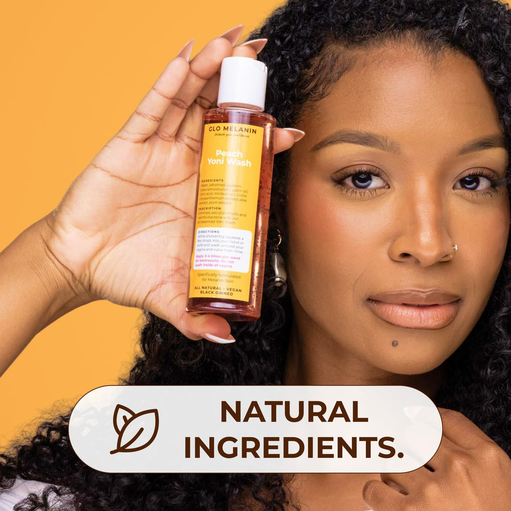 Glo Melanin Peach Yoni Wash packaging box highlights natural ingredients.